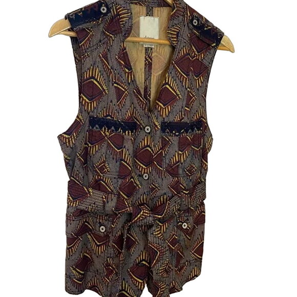 ANTHROPOLOGIE ELEVENSES Tribal Geometric Print Maroon Gold Belted Button Vest XS - Picture 11 of 11